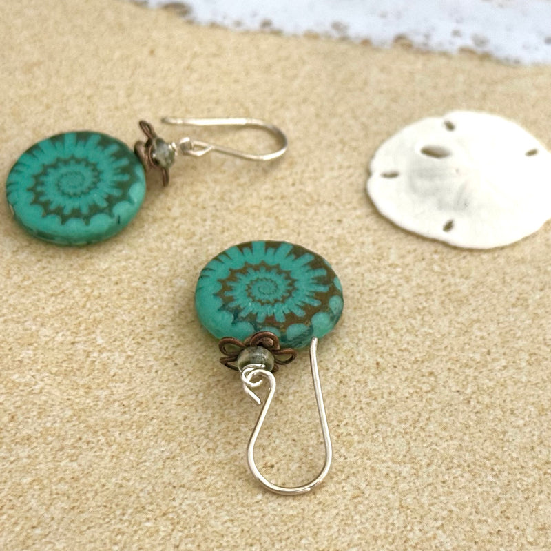 Czech Matte Turquoise Etched Swirl Earrings in Sterling Silver