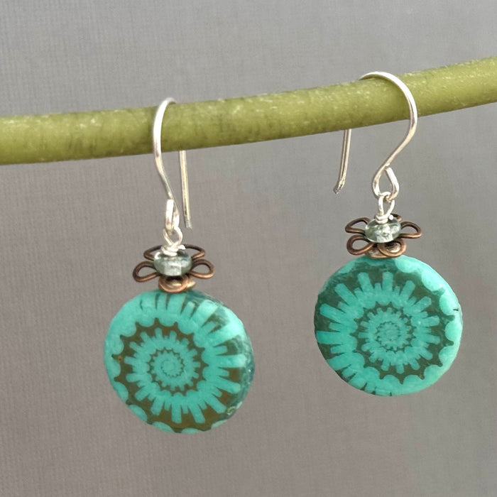 Czech Matte Turquoise Etched Swirl Earrings in Sterling Silver