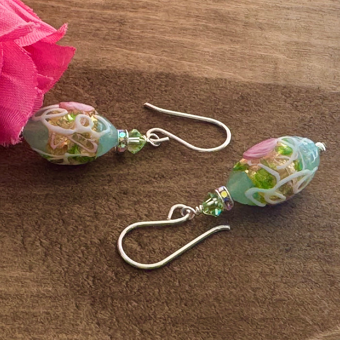 Light Blue Wedding Cake Oval Bead Earrings in Sterling Silver