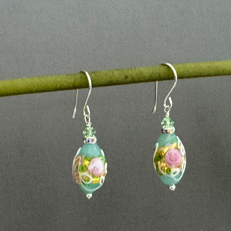 Light Blue Wedding Cake Oval Bead Earrings in Sterling Silver