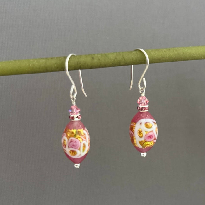 Dark Pink Oval Wedding Cake Earrings in Sterling Silver