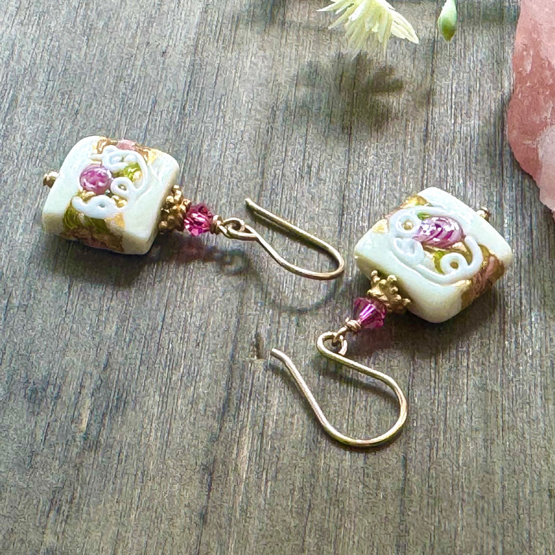 Murano White Wedding Cake Earrings in 14K Gold Fill