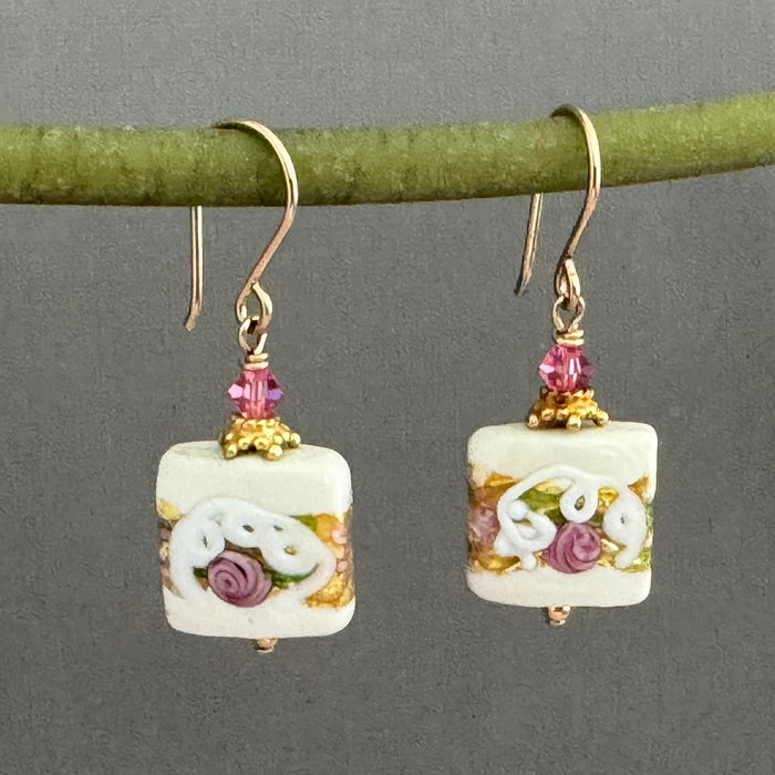 Murano White Wedding Cake Earrings in 14K Gold Fill