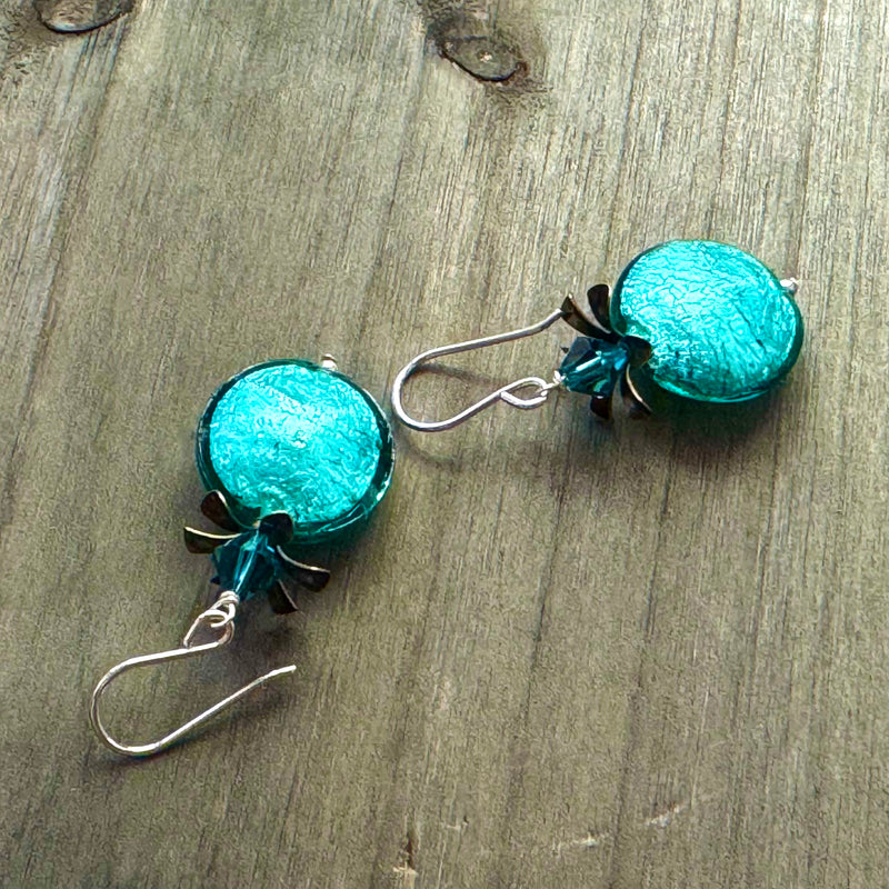 Murano Glass Teal Puffed Coin Earrings in Sterling Silver