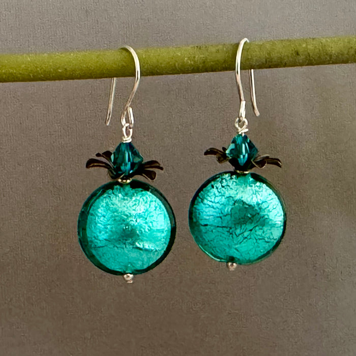 Murano Glass Teal Puffed Coin Earrings in Sterling Silver