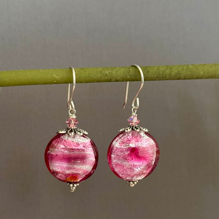 Murano Glass Pink Puffed Coin Earrings in Sterling Silver
