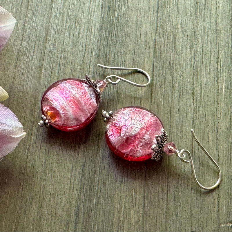 Murano Glass Pink Puffed Coin Earrings in Sterling Silver