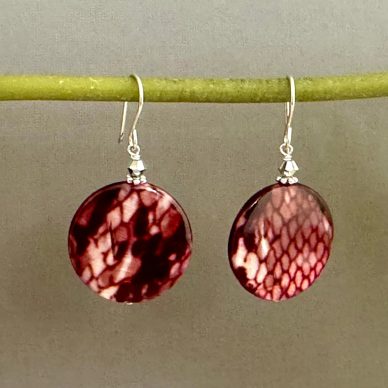 Maroon Round Shell Earrings in Sterling Silver