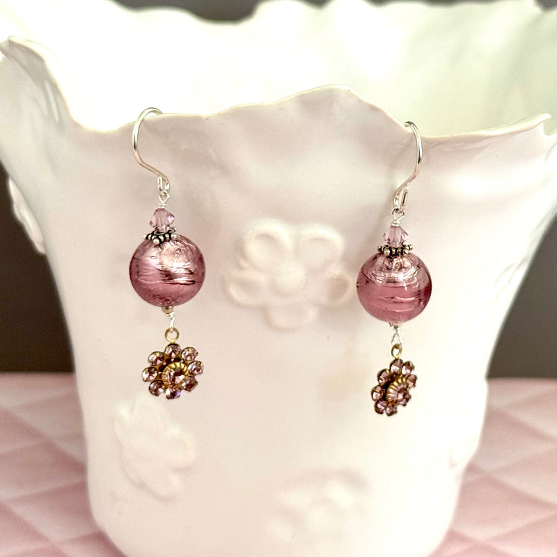 Light Purple Murano Glass Round Earrings in Sterling Silver
