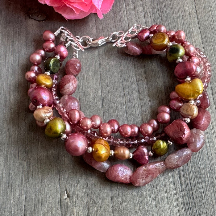 4-Strand Pink Tourmaline and Freshwater Pearl Bracelet in Sterling Silver