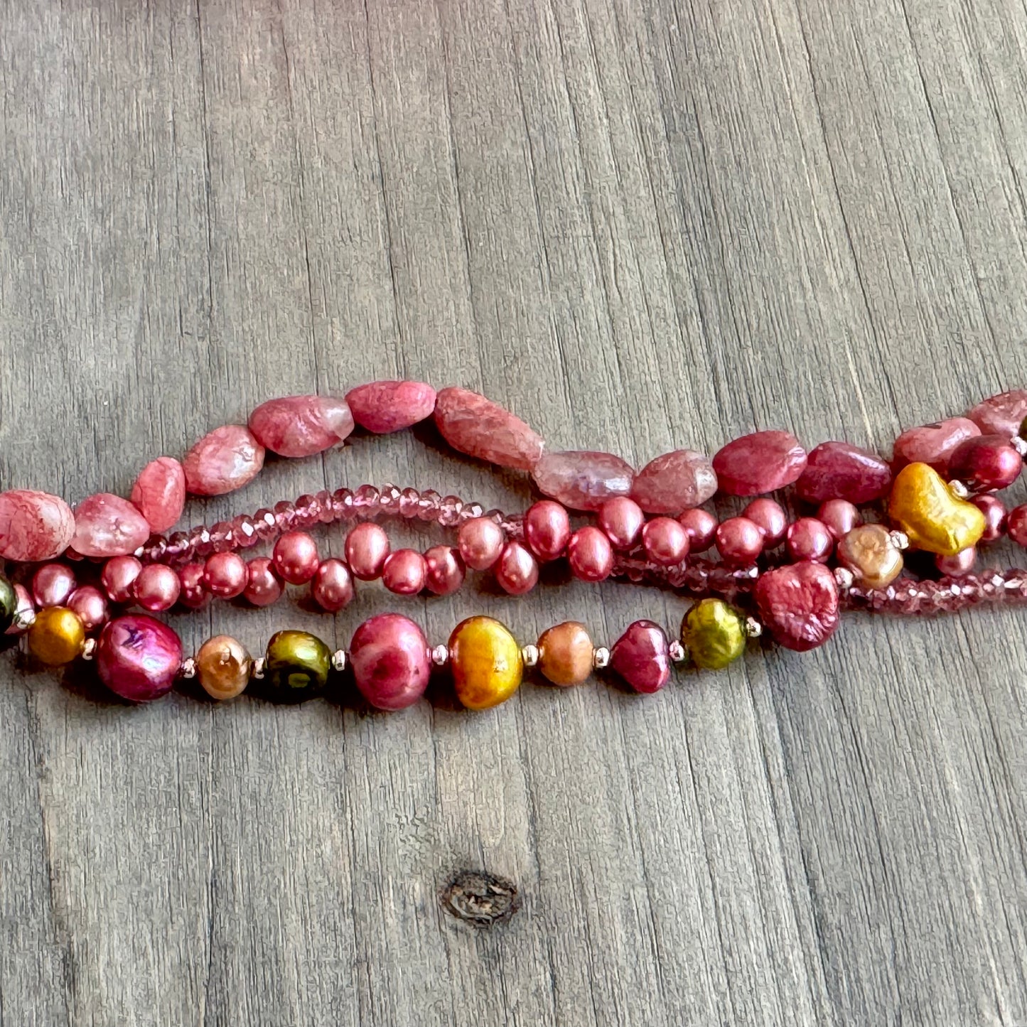 4-Strand Pink Tourmaline and Freshwater Pearl Bracelet in Sterling Silver