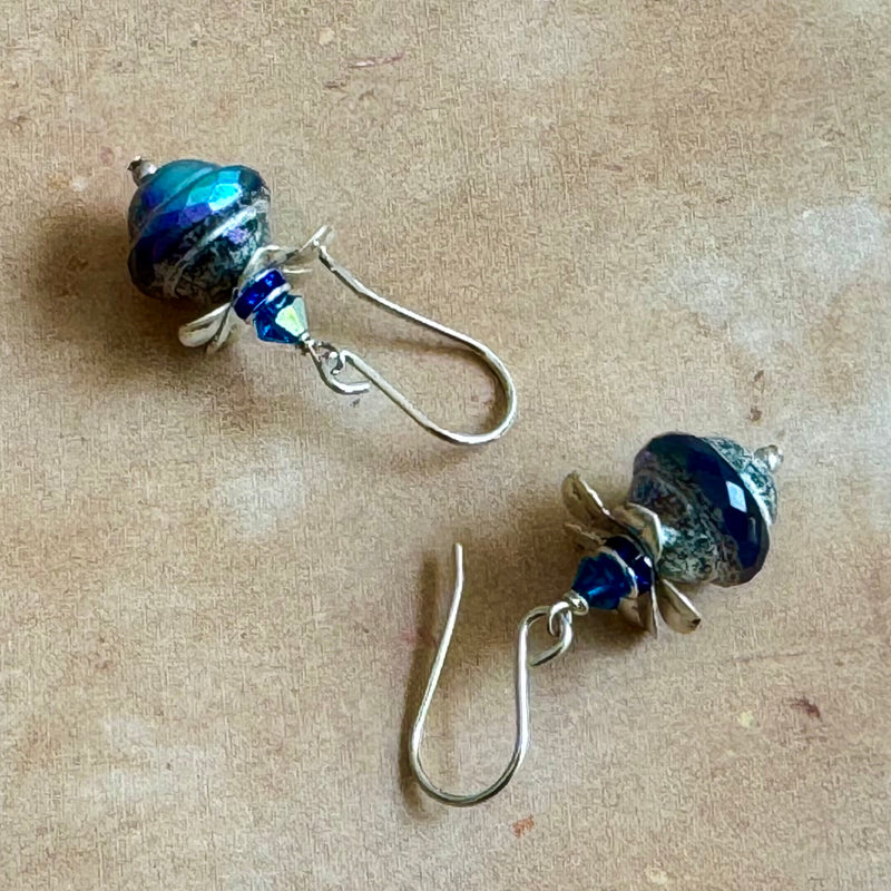Czech Glass Purple and Silver Metallic Saturn Earrings in Sterling Silver