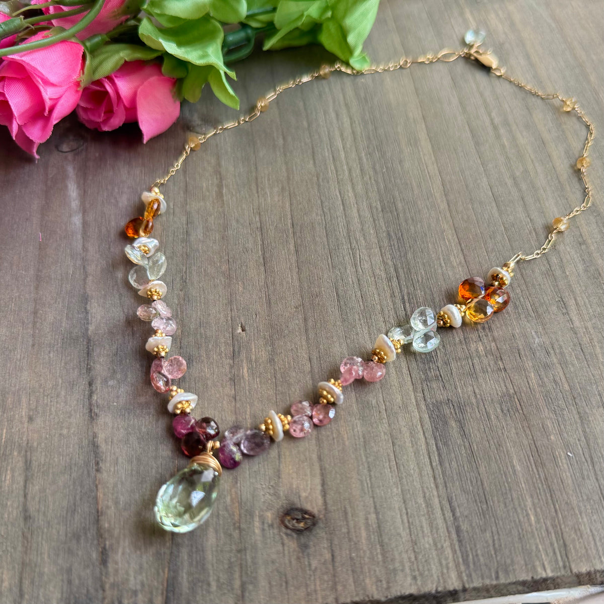 Green Amethyst Multi Gemstone Statement Necklace in 14K Gold Fill