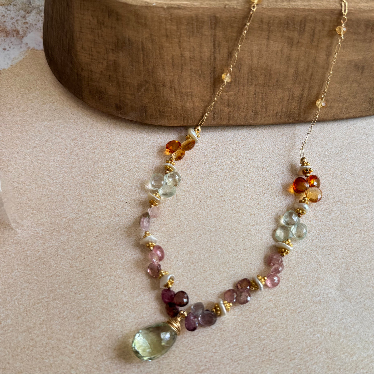 Green Amethyst Multi Gemstone Statement Necklace in 14K Gold Fill