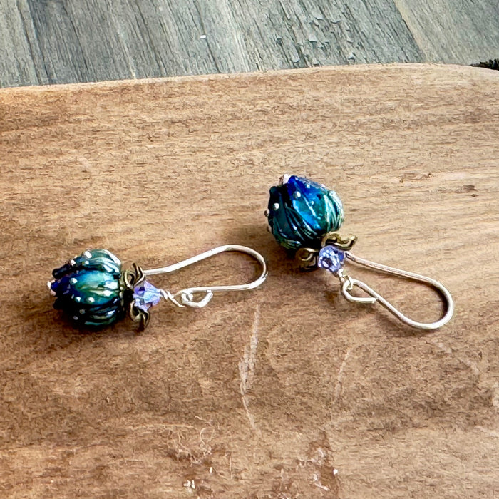 Navy and Light Blue Rosebud Handmade Lampwork Earrings in Sterling Silver