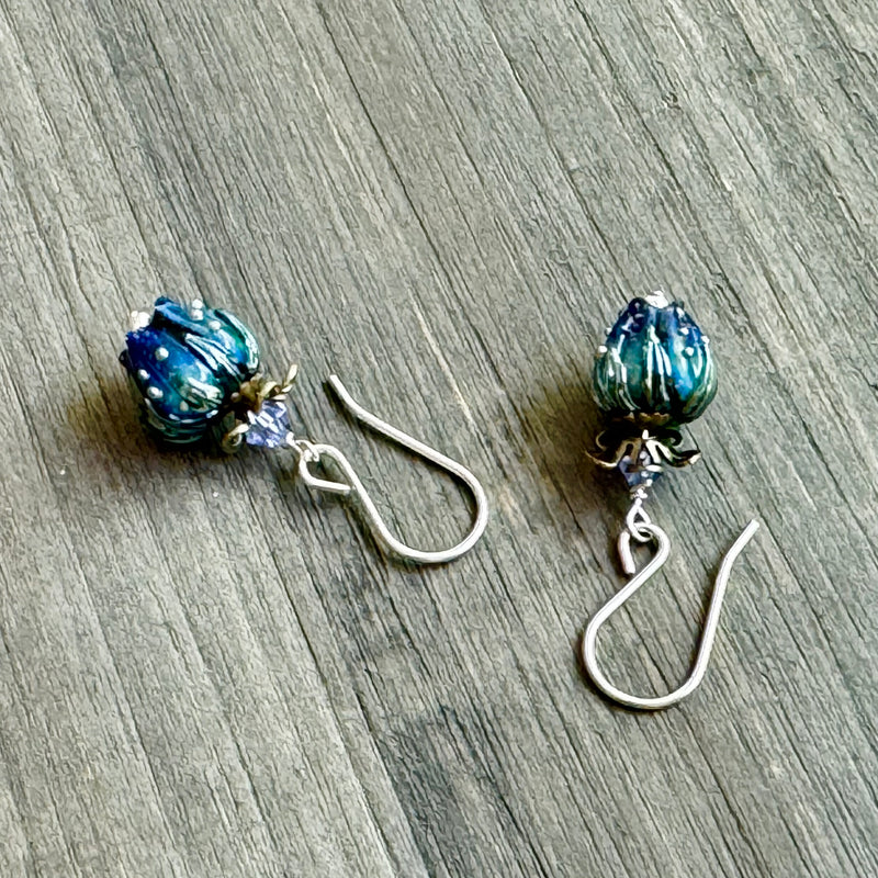 Navy and Light Blue Rosebud Handmade Lampwork Earrings in Sterling Silver