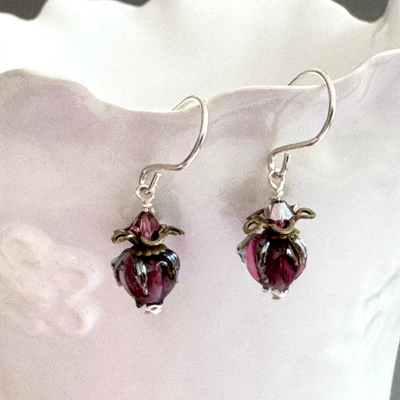 Purple Rosebud Handmade Lampwork Earrings in Sterling Silver