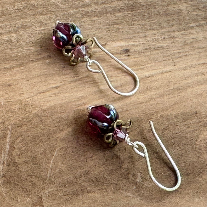 Purple Rosebud Handmade Lampwork Earrings in Sterling Silver