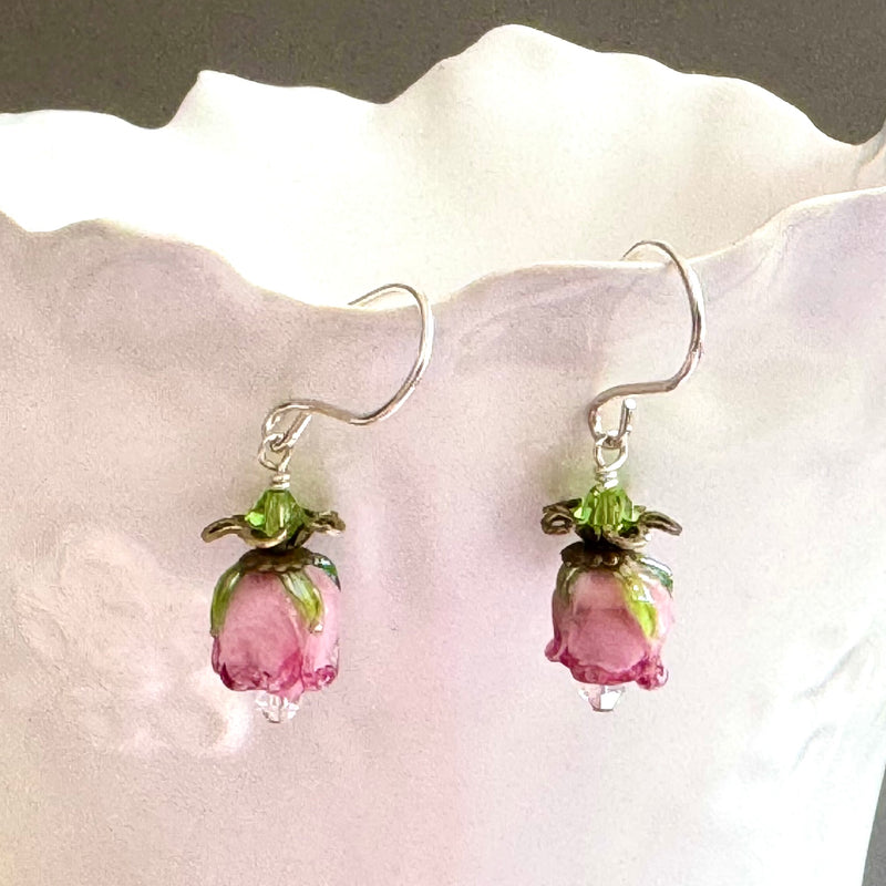 Pink Rosebud Handmade Lampwork Earrings in Sterling Silver
