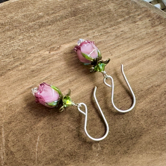 Pink Rosebud Handmade Lampwork Earrings in Sterling Silver