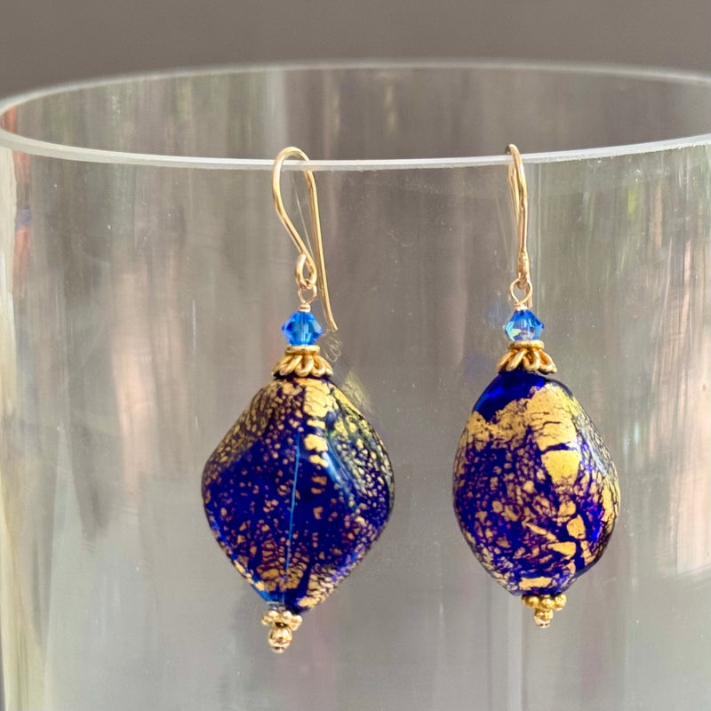 Bright Blue Freeform Murano Glass Earrings in 14K Gold Fill