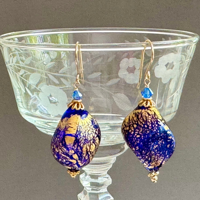 Bright Blue Freeform Murano Glass Earrings in 14K Gold Fill