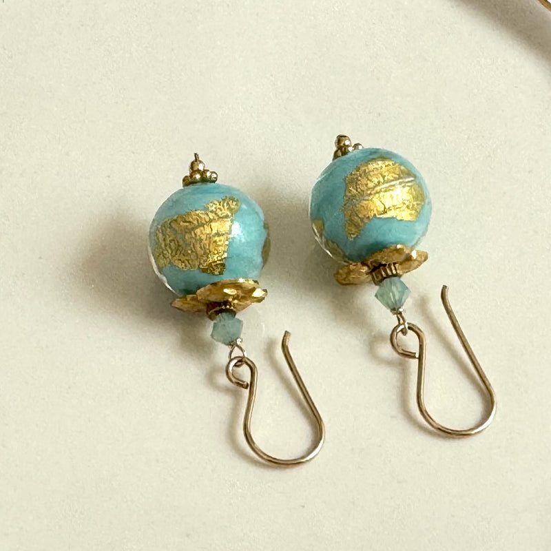 Light Blue and Gold Murano Glass Earrings in 14K Gold Fill