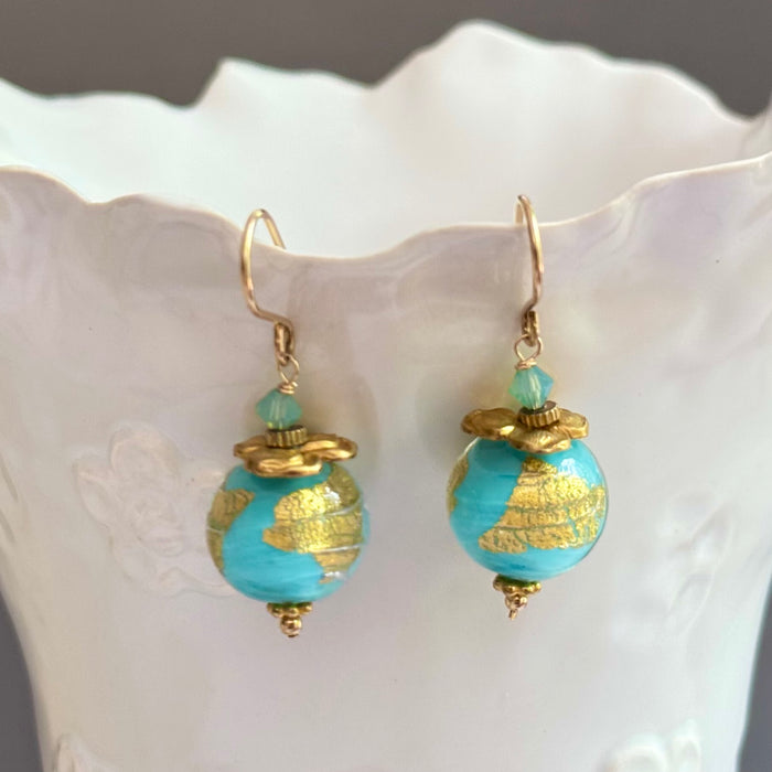 Light Blue and Gold Murano Glass Earrings in 14K Gold Fill