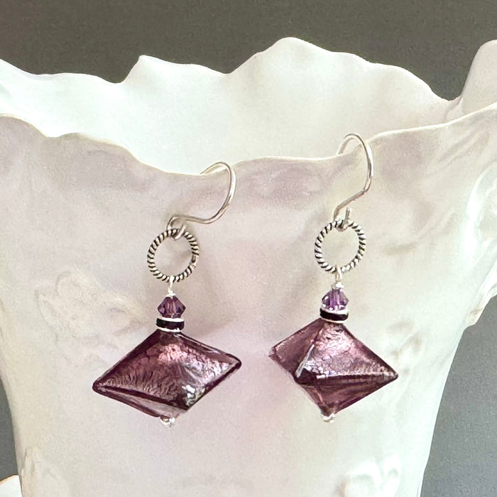 Purple Abstract Murano Glass Earrings in Sterling Silver