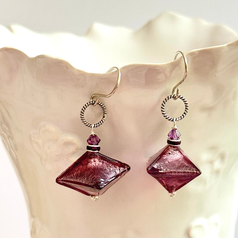 Purple Abstract Murano Glass Earrings in Sterling Silver