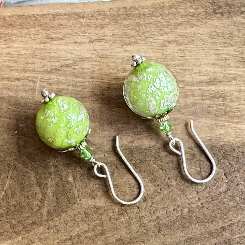 Murano Glass Pale Green and Silver Round Earrings in Sterling Silver