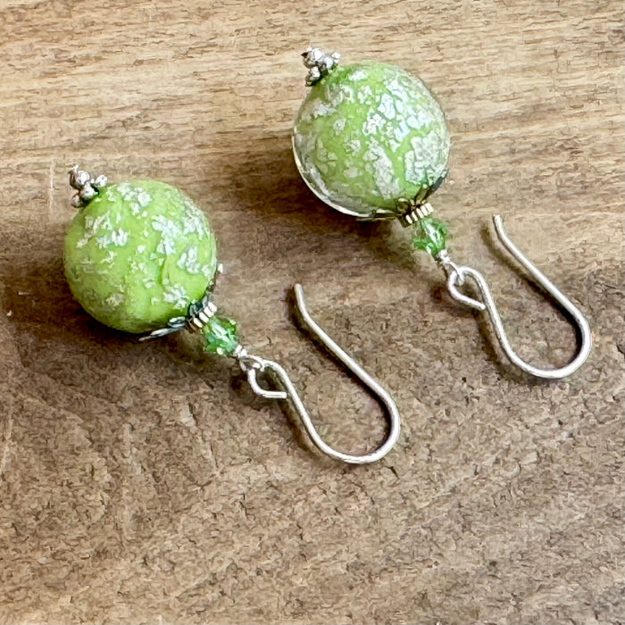 Murano Glass Pale Green and Silver Round Earrings in Sterling Silver