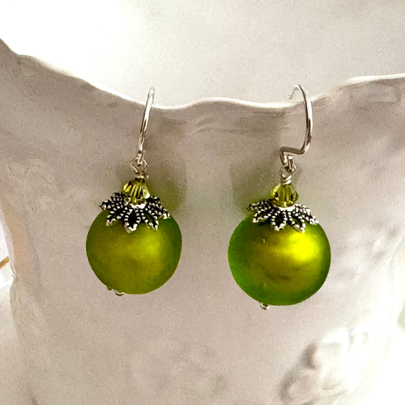 Murano Glass Avocado Green Round Earrings in Sterling Silver