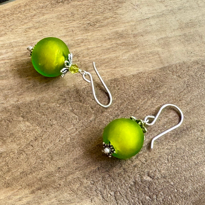 Murano Glass Avocado Green Round Earrings in Sterling Silver