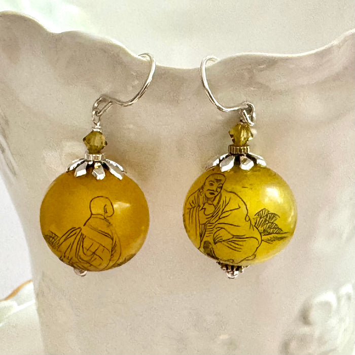 Murano Glass Mustard Yellow Round Earrings in Sterling Silver