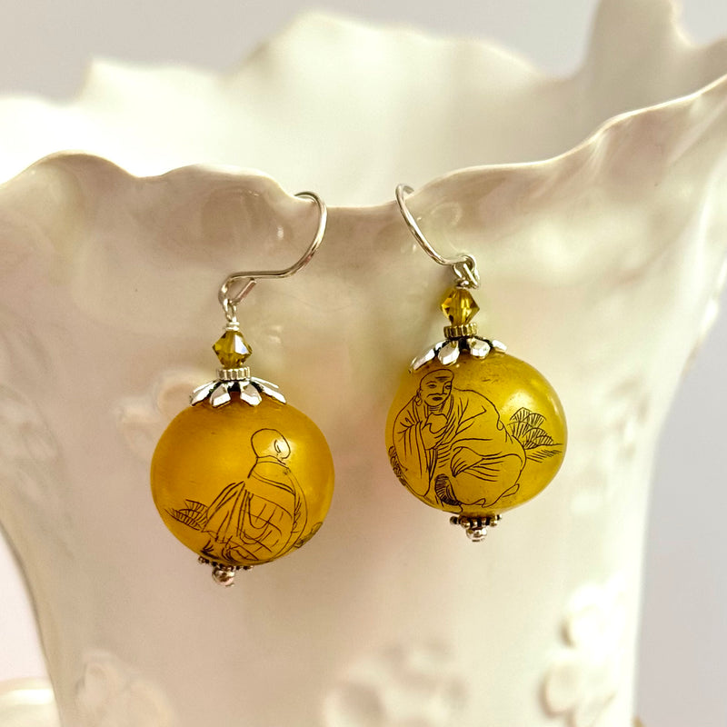 Murano Glass Mustard Yellow Round Earrings in Sterling Silver