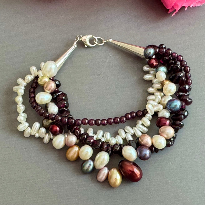 4-Strand Garnet and Freshwater Pearl Bracelet in Sterling Silver