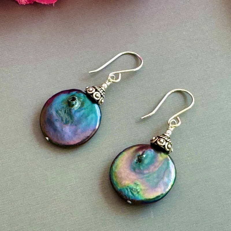 Large Green Coin Pearl Earrings in Sterling Silver