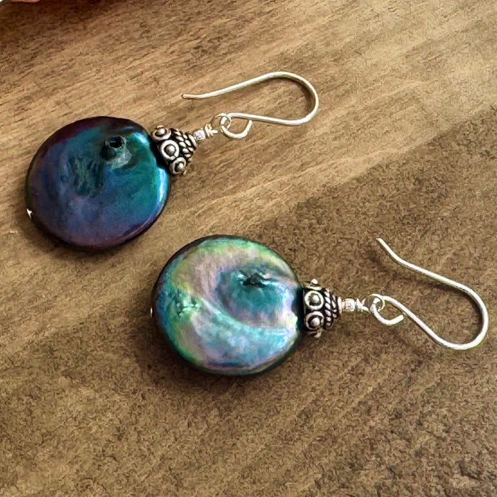 Large Green Coin Pearl Earrings in Sterling Silver