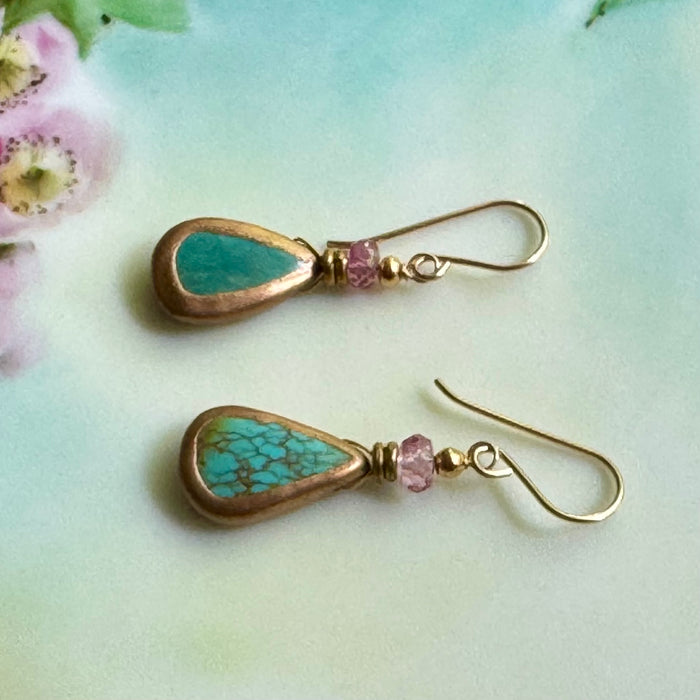 Faux Turquoise and Gold Earrings, Pink Topaz in 14K Gold Fill