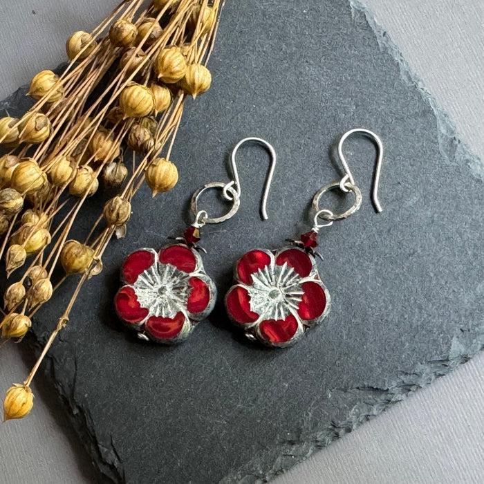 Czech Red Opaline Flower Earrings in Sterling Silver