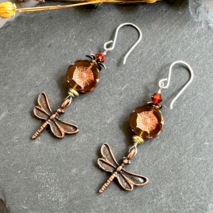 Czech Glass Topaz Hawaiian Bead and Copper Dragon Fly Earrings