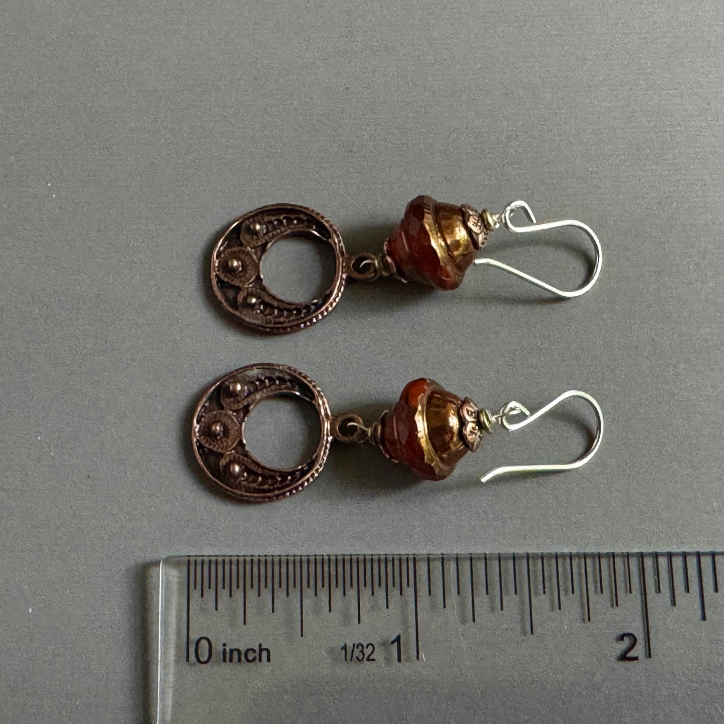 Czech Glass Pumpkin Saturn Earrings and Copper Moroccan Components in Sterling Silver