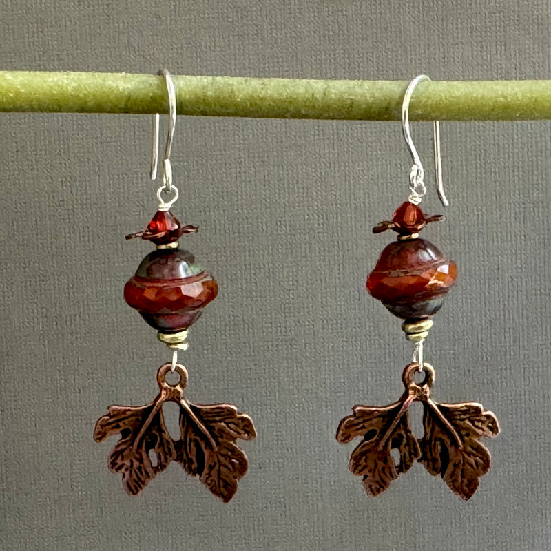 Czech Glass Pumpkin Orange and Copper Leaf Earrings in Sterling Silver