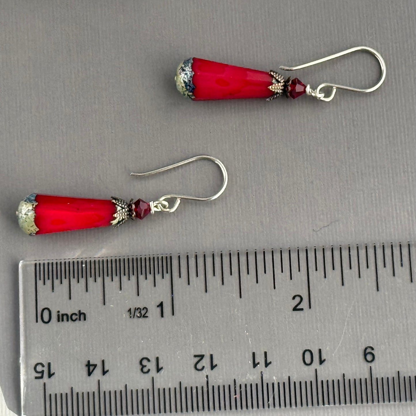 Czech Glass Red Dangle Earrings in Sterling Silver
