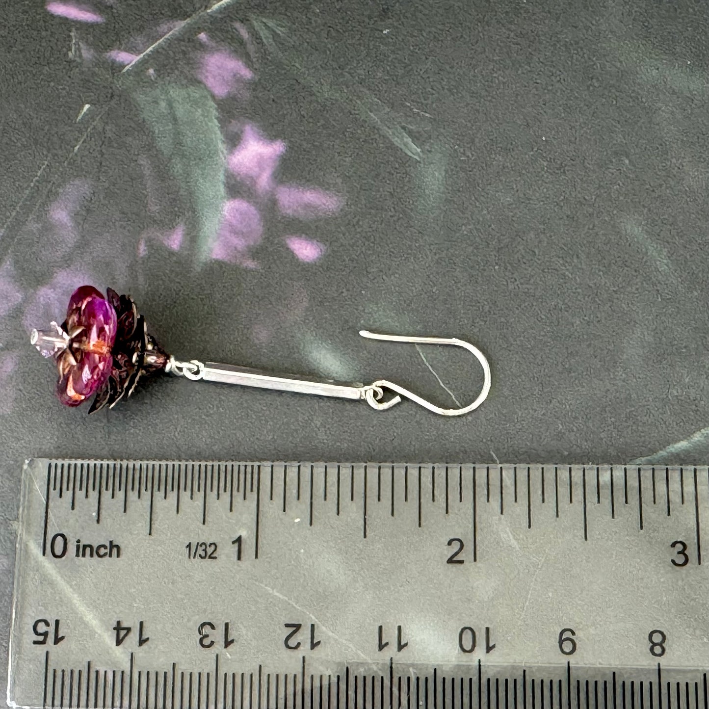 Czech Glass Dark Pink Flat Flower Drop Earrings on Sterling Silver Bar