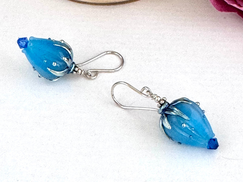 Medium Blue Rosebud Handmade Lampwork Earrings in Sterling Silver