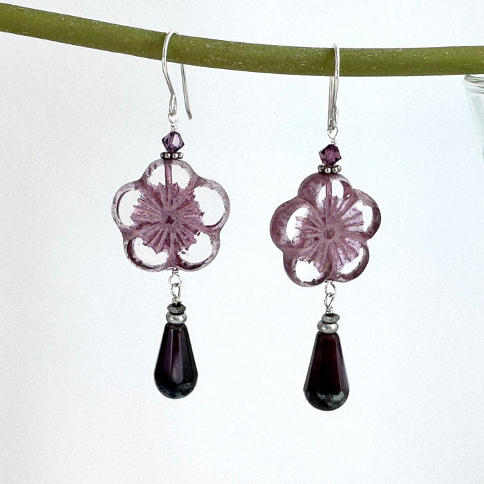 Czech Glass Mauve Heart Drop Earrings in Sterling Silver