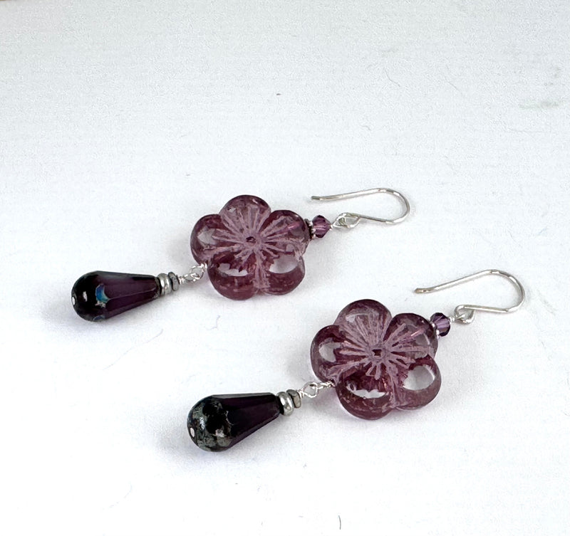 Czech Glass Mauve Heart Drop Earrings in Sterling Silver