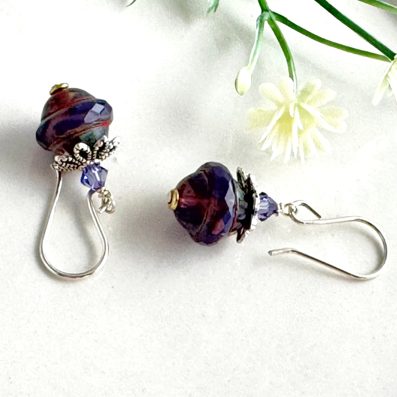 Czech Glass Purple Saturn Earrings in Sterling Silver